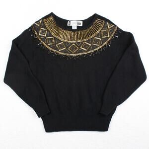 Angora Sweater Womens Medium Vintage SK Company Petite Black Wool Gold Sequins